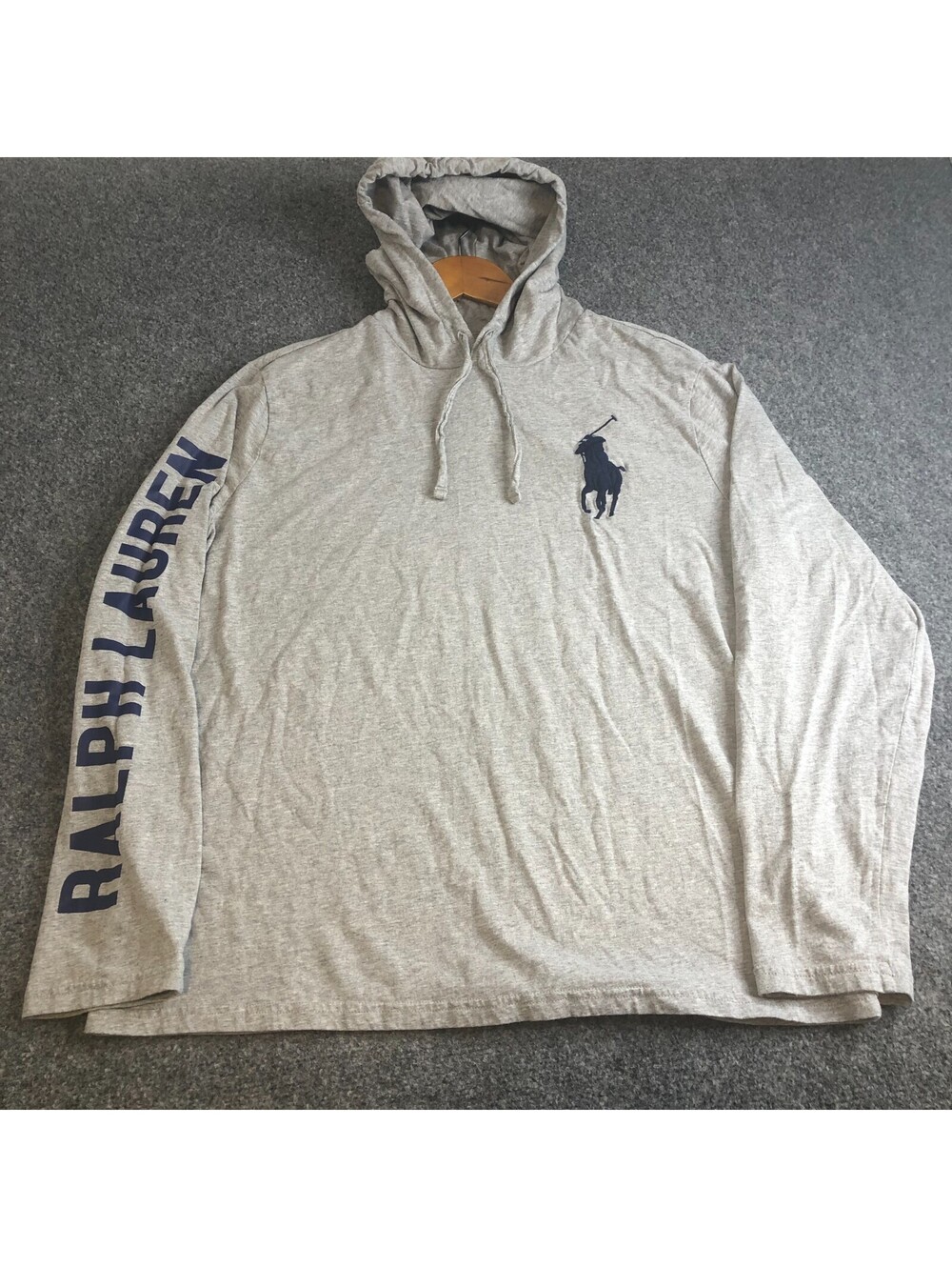 Polo Ralph Lauren Hoodie Tshirt Mens Large Gray Big Pony Flag Logo Pullover